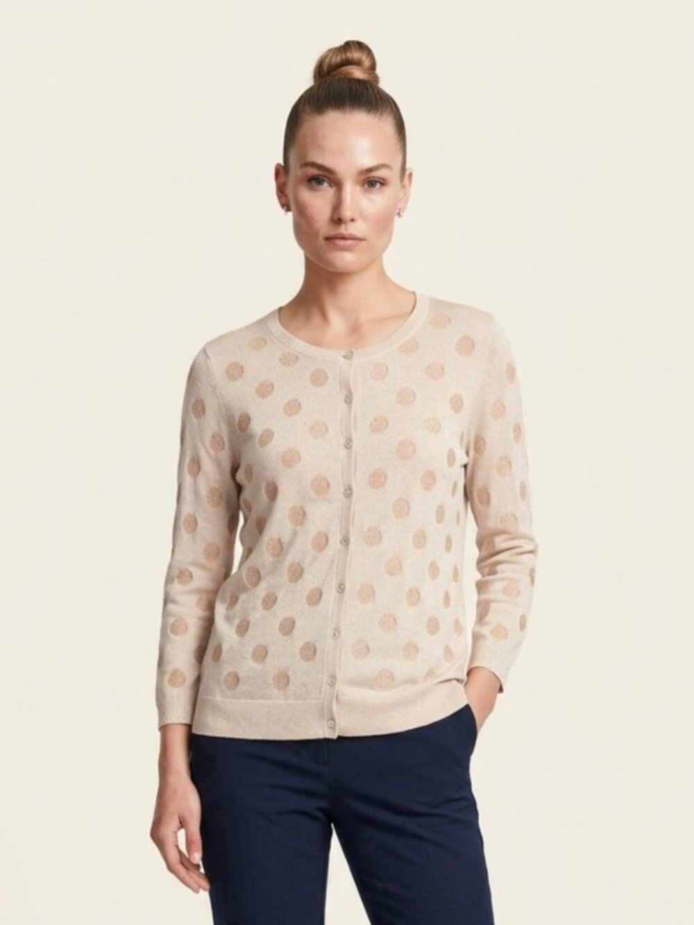 AUGUST SILK Beige Shimmer Polka Dot Button-Up Cardigan Sweater Sz L